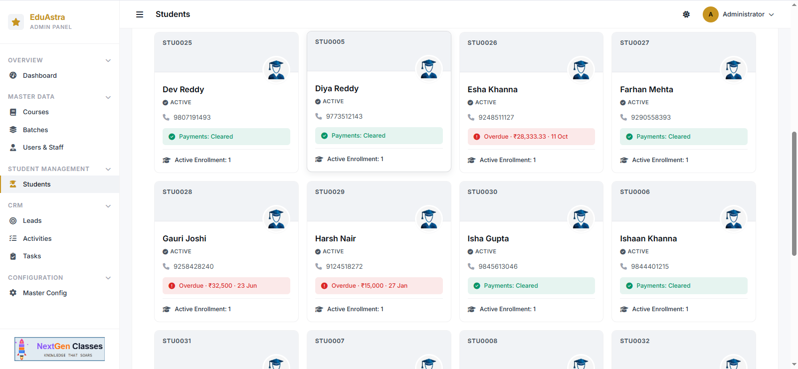Edu-Astra student cards and batch management view