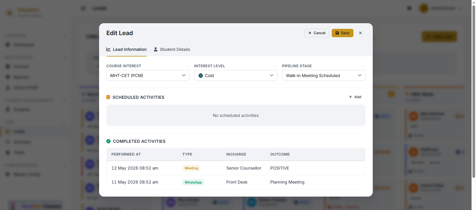 Edu-Astra lead editing modal with activity log